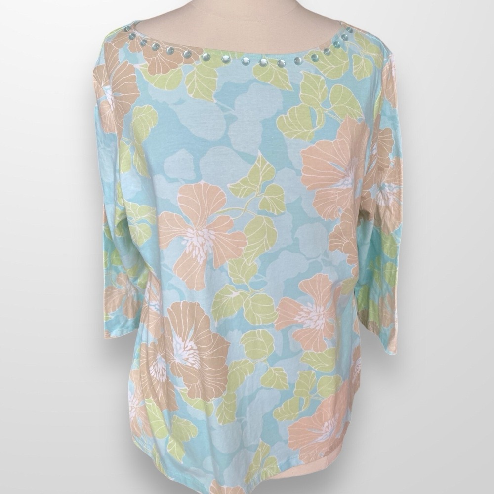 Ruby Rd Womens Size XL Top Shirt Lightweight Stretch 3/4 Sleeve Beaded